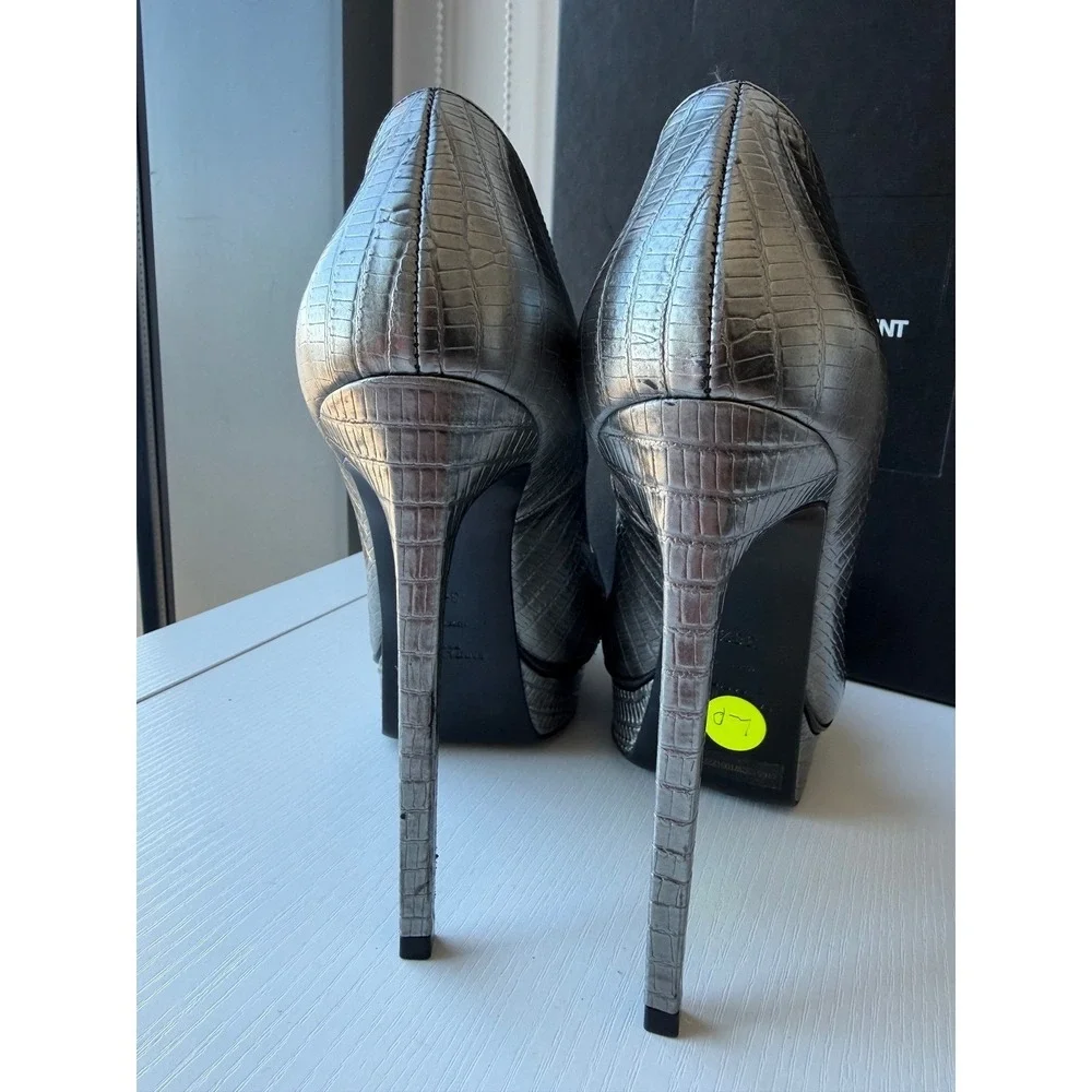 Saint Laurent Tejus Croc Embossed Platform Pumps Graphite EU 38.5